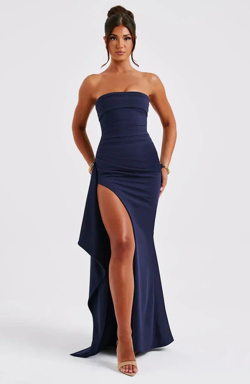Elegantes Damen Abendkleid Trägerlos Maxikleid mit Schlitz Blau Schwarz — Main Image