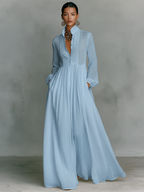 Velora Damen Maxikleid Langarm Baumwolle Elegant Knopfleiste Stehkragen