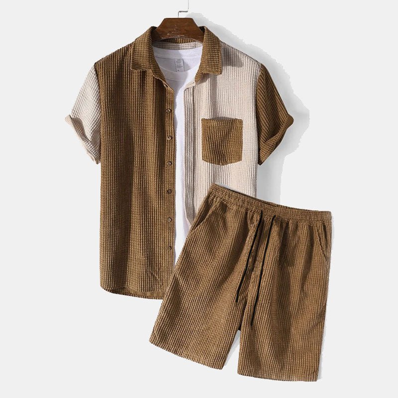 Jesolice Herren Freizeit Waffelstrick Kurzarmshirt und Shorts Set – Atmungsaktives Baumwollmischung Sommer Loungewear mit Knopfleiste und Elastischem Bund Stilvoll — Main Image