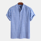 Jesolice Herren Gestreiftes Baumwollmischung Kurzarm Henley Hemd – Leichtes Lässiges Sommeroberteil mit Stehkragen Elegant — Image 2