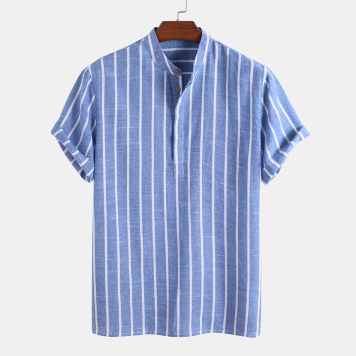Jesolice Herren Gestreiftes Baumwollmischung Kurzarm Henley Hemd – Leichtes Lässiges Sommeroberteil mit Stehkragen Elegant — Image 6