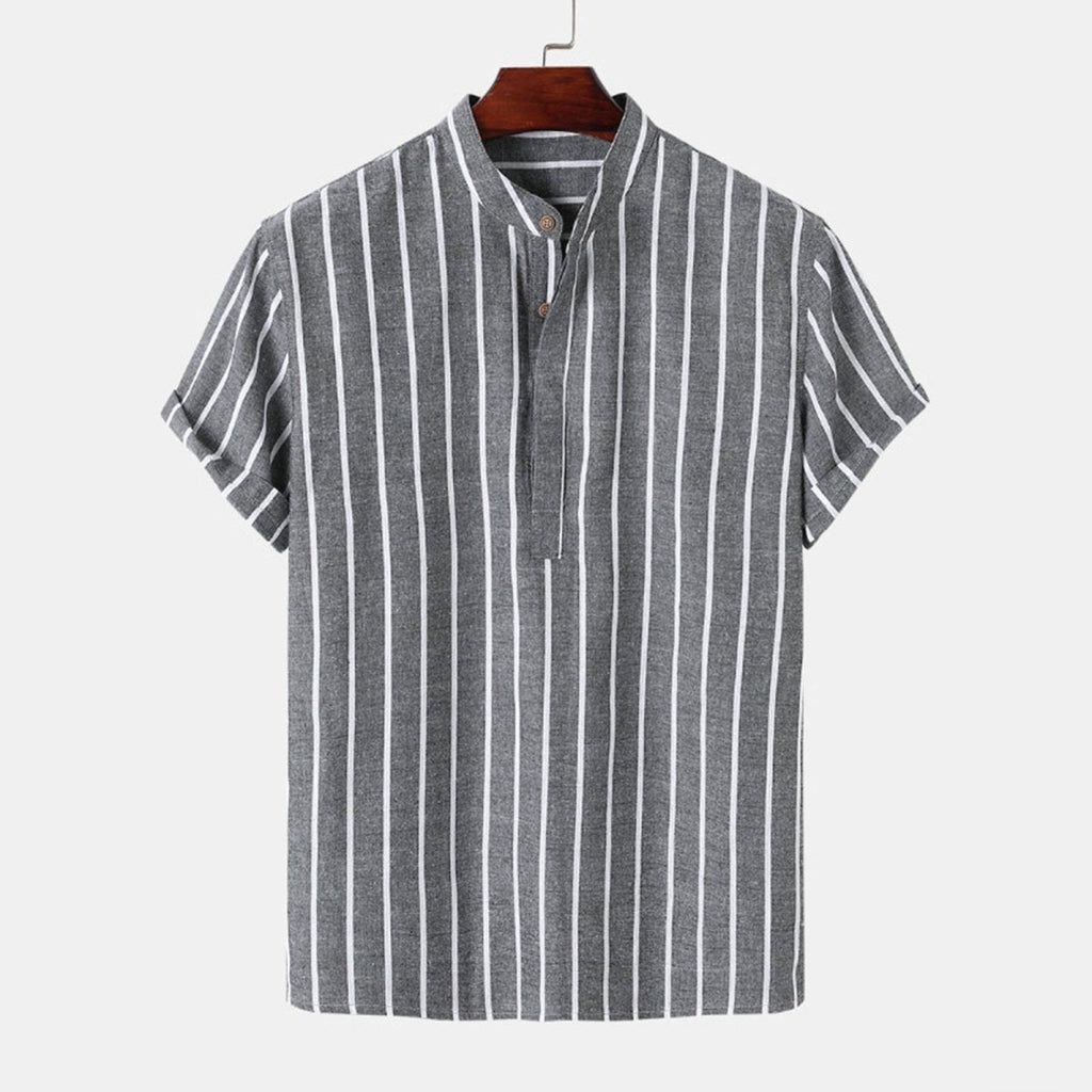 Jesolice Herren Gestreiftes Baumwollmischung Kurzarm Henley Hemd – Leichtes Lässiges Sommeroberteil mit Stehkragen Elegant — Image 7