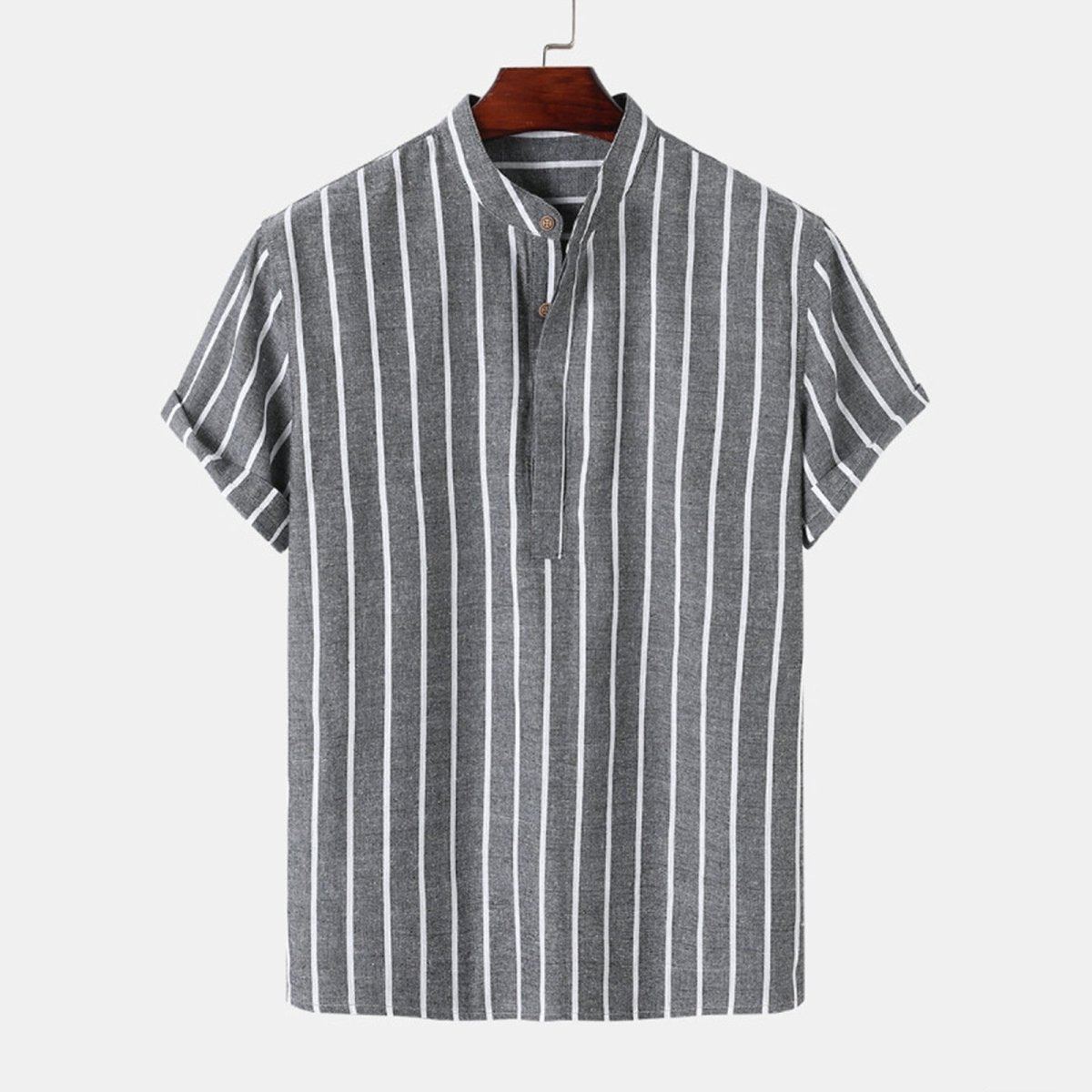 Jesolice Herren Gestreiftes Baumwollmischung Kurzarm Henley Hemd – Leichtes Lässiges Sommeroberteil mit Stehkragen Elegant — Image 7