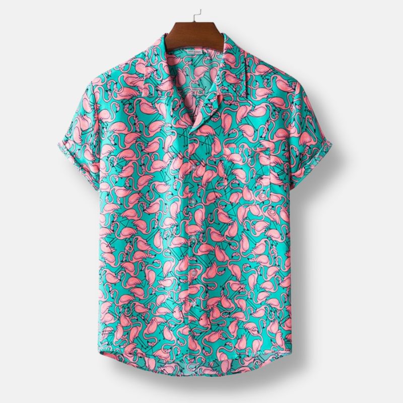 Jesolice Herren Kurzarm Flamingo Druck Hawaiianisches Hemd – Leichtes Lässiges Button-Down Strandbekleidung für Sommerpartys Stilvoll — Main Image