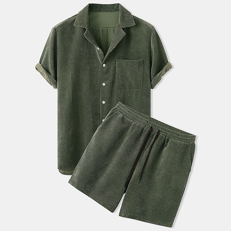 Jesolice Herren Waffelstrick Lounge Set – Weiches Atmungsaktives Baumwollmischung Kurzarmhemd und Elastischer Bund Shorts für Entspannten Komfort Stilvoll — Main Image