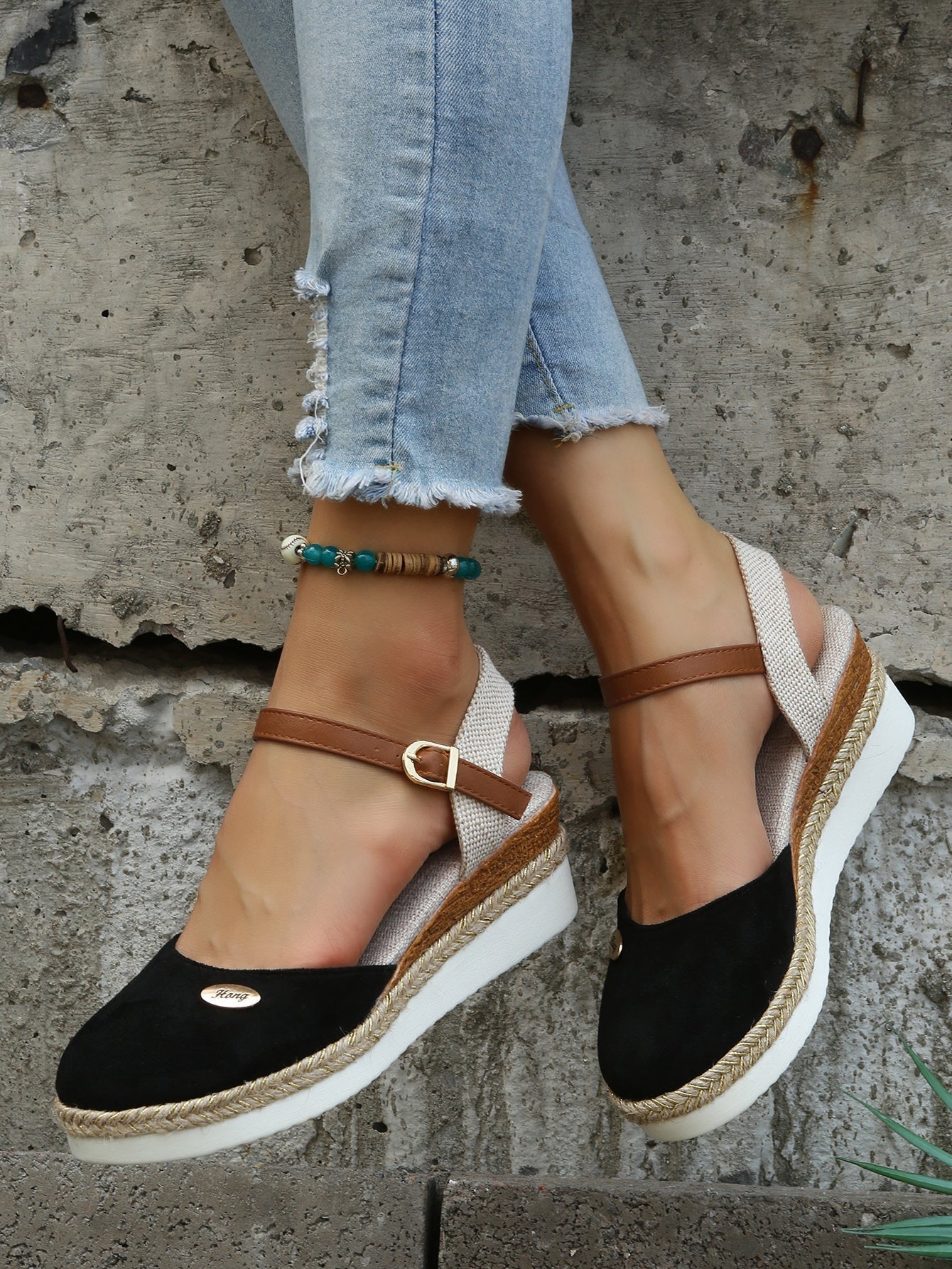 Marke Espadrille Wedges Sandalen in Braun, Schwarz und Rosa — Image 5