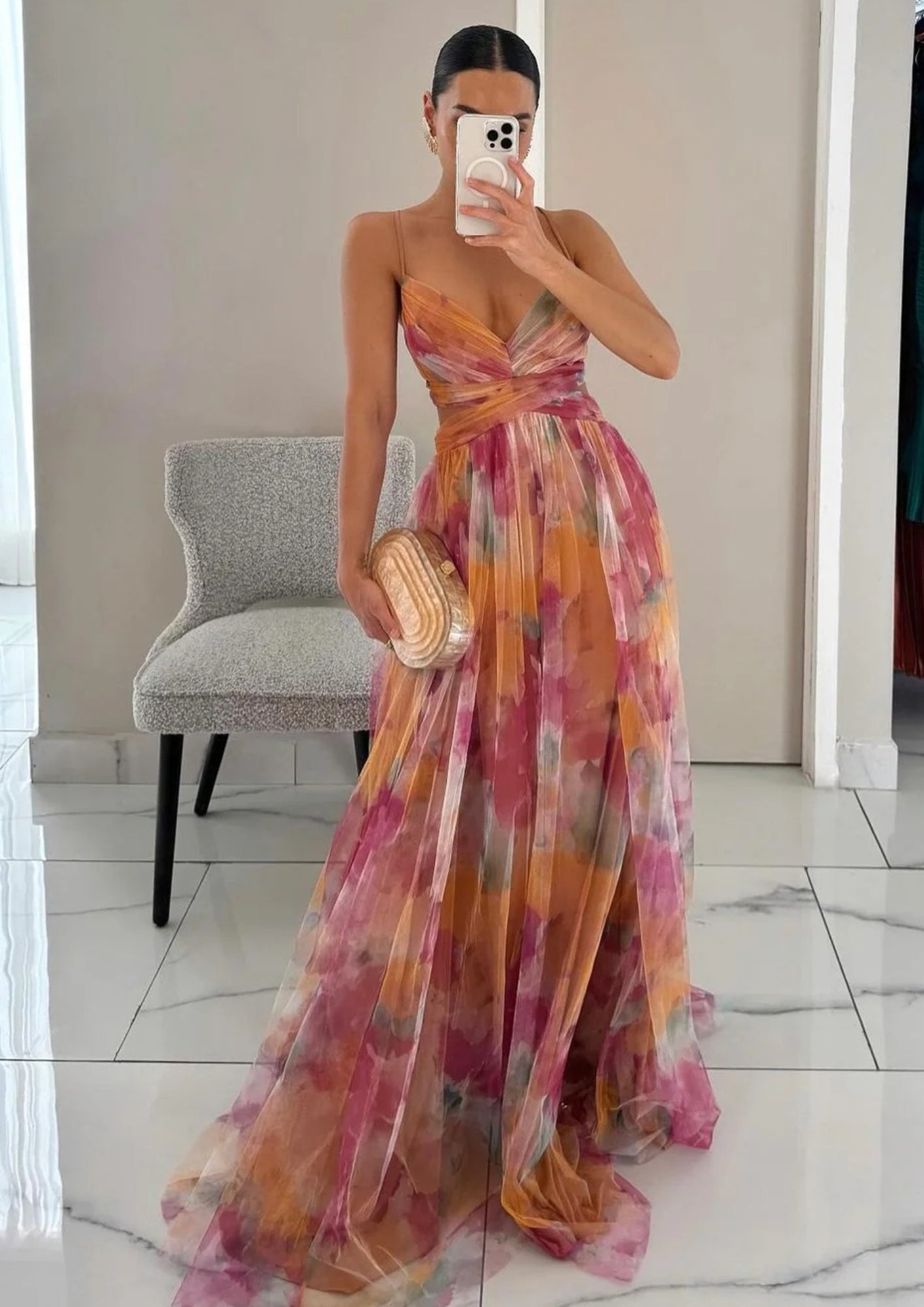 Lunara Damen Abendkleid Ärmellos V-Ausschnitt Maxikleid Chiffon Blumenmuster Elegant