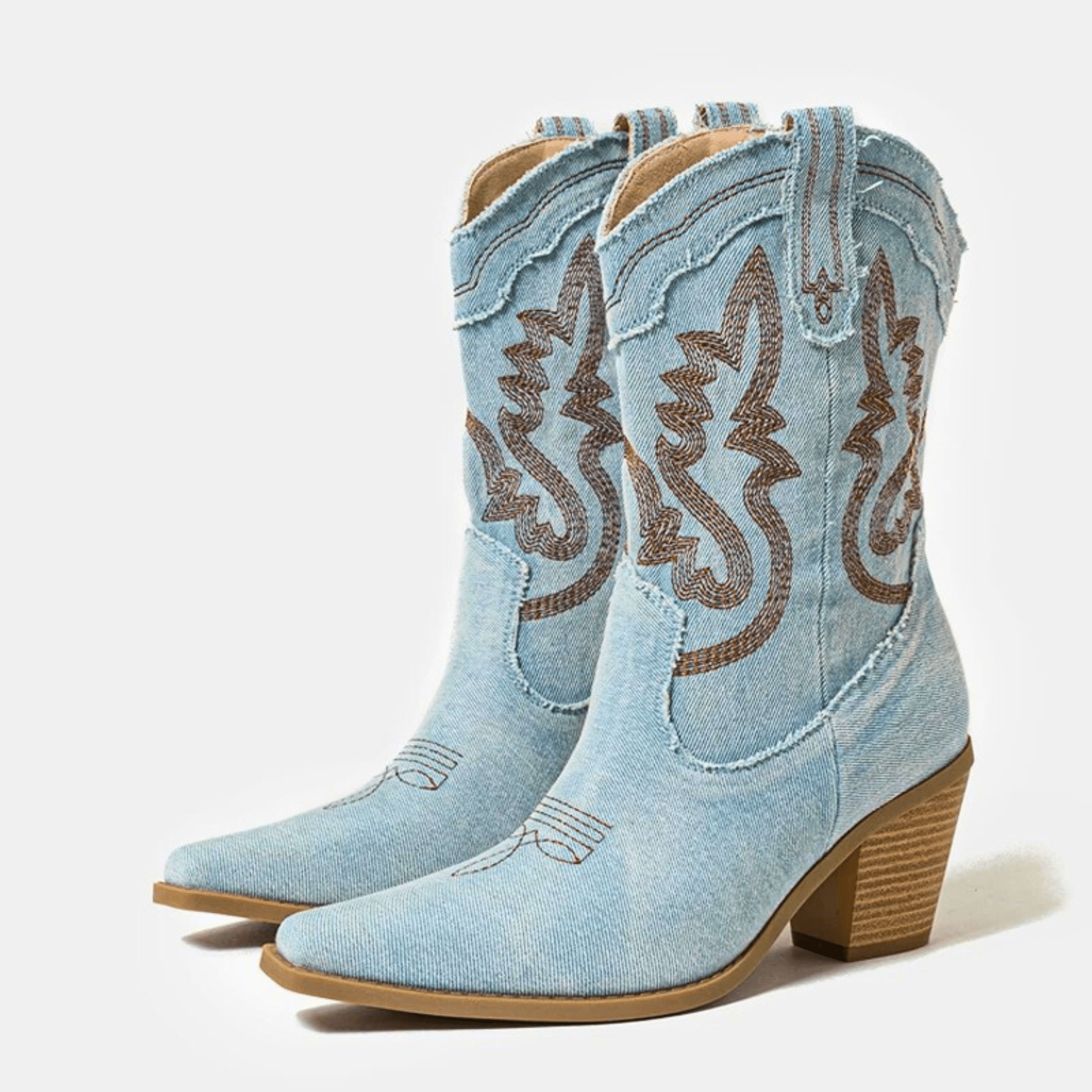 Damen Cowboy Stiefel Denim Westernstil Stickerei Blockabsatz Blau — Image 4