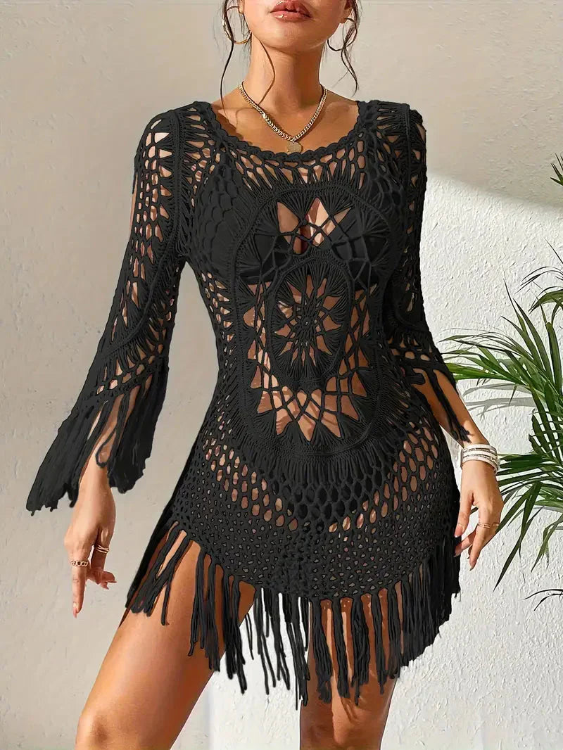 Häkelkleid Weiß, Boho Stil, Strandoutfit mit Fransen 10