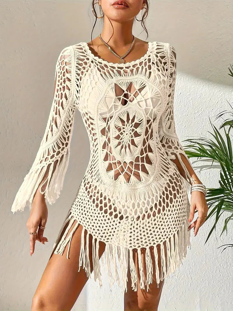 Häkelkleid Weiß, Boho Stil, Strandoutfit mit Fransen 11