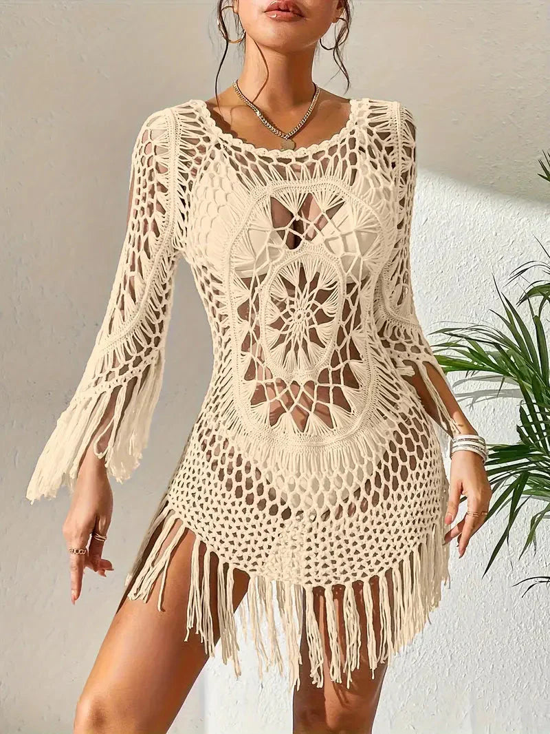 Häkelkleid Weiß, Boho Stil, Strandoutfit mit Fransen 12