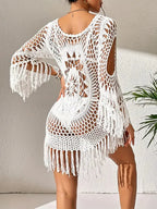 Häkelkleid Weiß, Boho Stil, Strandoutfit mit Fransen 2