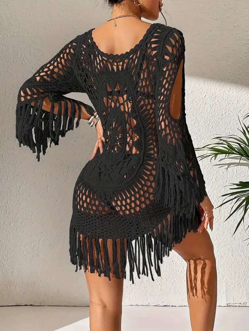 Häkelkleid Weiß, Boho Stil, Strandoutfit mit Fransen 4