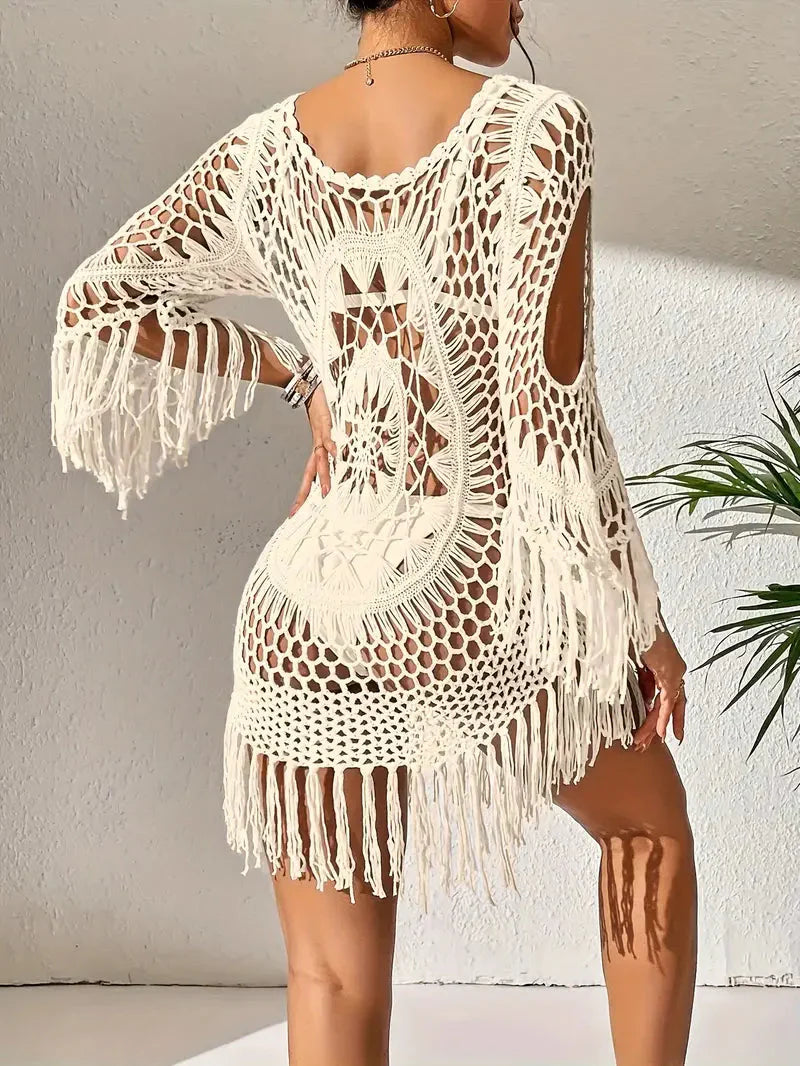 Häkelkleid Weiß, Boho Stil, Strandoutfit mit Fransen 6
