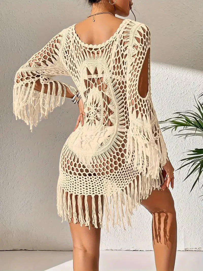 Häkelkleid Weiß, Boho Stil, Strandoutfit mit Fransen 8