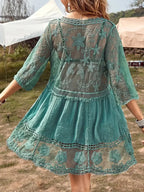 Boho-Stil Cover Up Kleid, Türkis, Spitze, V-Ausschnitt, 3/4 Ärmel 2