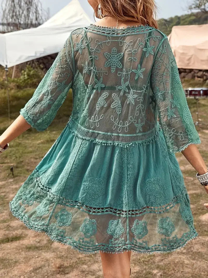 Boho-Stil Cover Up Kleid, Türkis, Spitze, V-Ausschnitt, 3/4 Ärmel 2
