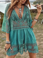 Boho-Stil Cover Up Kleid, Türkis, Spitze, V-Ausschnitt, 3/4 Ärmel 3
