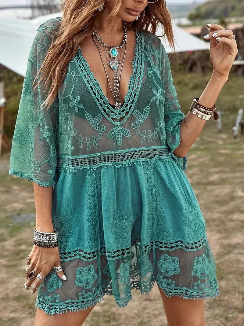 Boho-Stil Cover Up Kleid, Türkis, Spitze, V-Ausschnitt, 3/4 Ärmel 3
