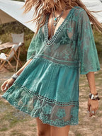 Boho-Stil Cover Up Kleid, Türkis, Spitze, V-Ausschnitt, 3/4 Ärmel 4