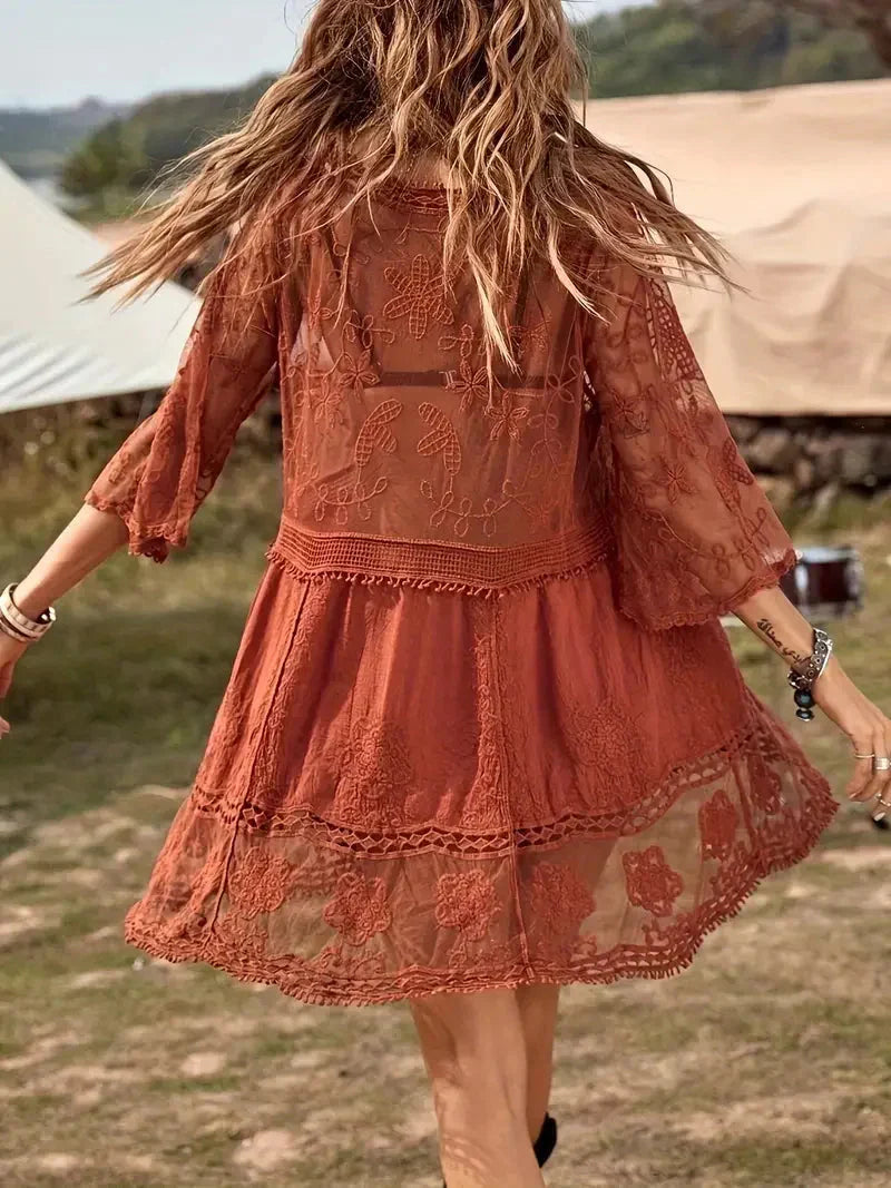 Boho-Stil Cover Up Kleid, Türkis, Spitze, V-Ausschnitt, 3/4 Ärmel 5
