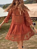 Boho-Stil Cover Up Kleid, Türkis, Spitze, V-Ausschnitt, 3/4 Ärmel 5
