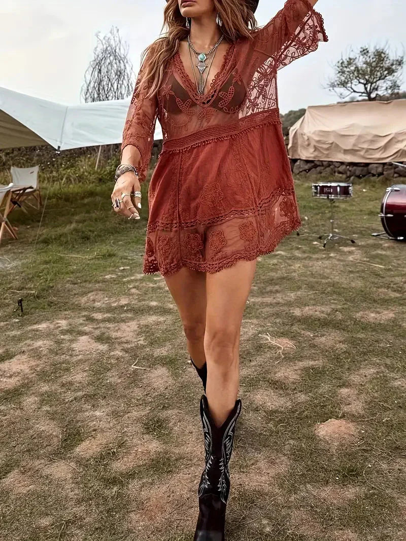 Boho-Stil Cover Up Kleid, Türkis, Spitze, V-Ausschnitt, 3/4 Ärmel 6