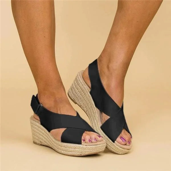 Damen Bequeme Keilabsatz-Espadrilles mit Fußbett in Schwarz 5