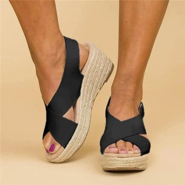 Damen Bequeme Keilabsatz-Espadrilles mit Fußbett in Schwarz 9