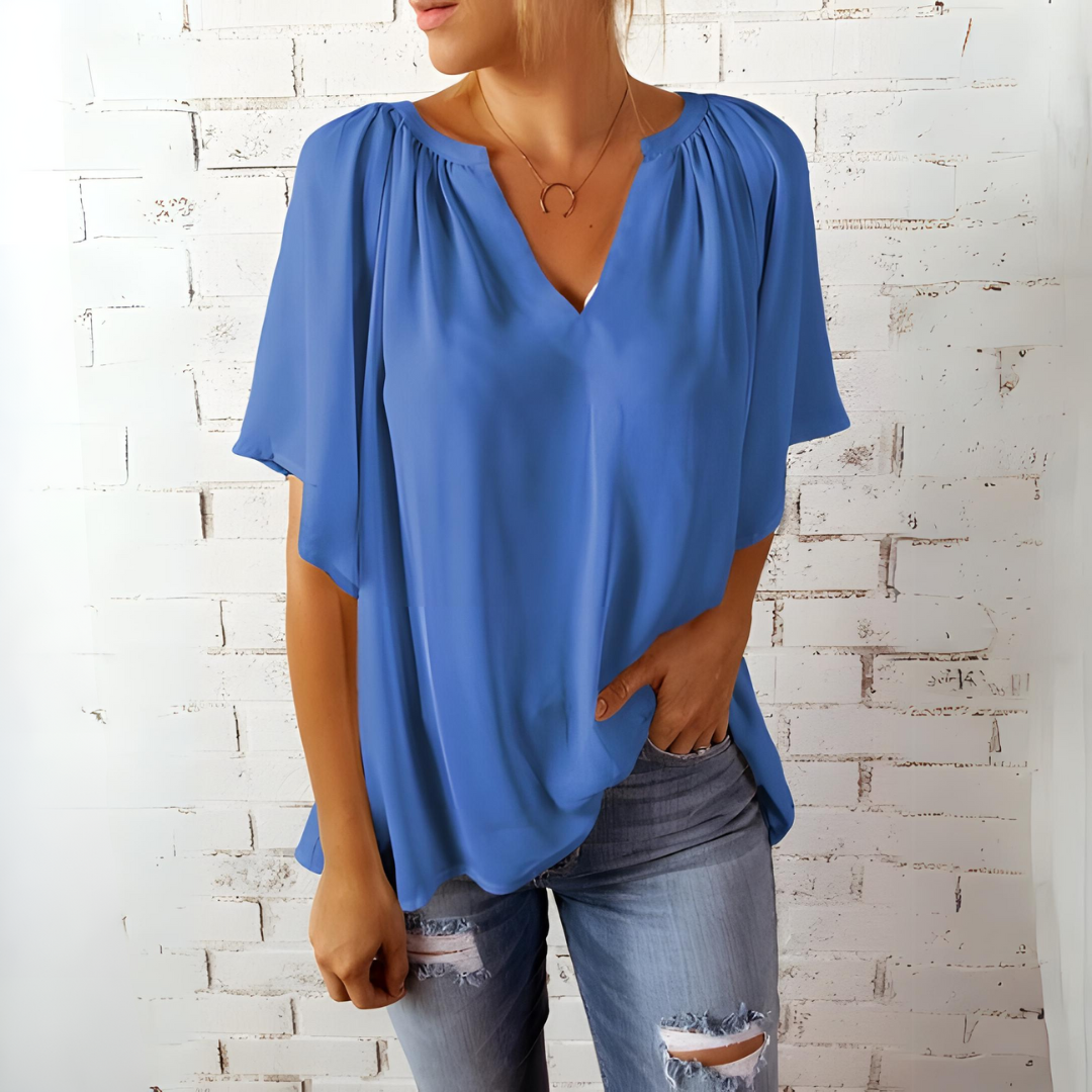 Damen Bluse Blau mit V-Ausschnitt, elegant und stilvoll