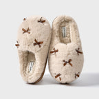 Damen Fuzzy Hausschuhe Beige mit Schleifen