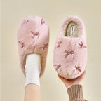 Damen Fuzzy Hausschuhe Beige mit Schleifen 3