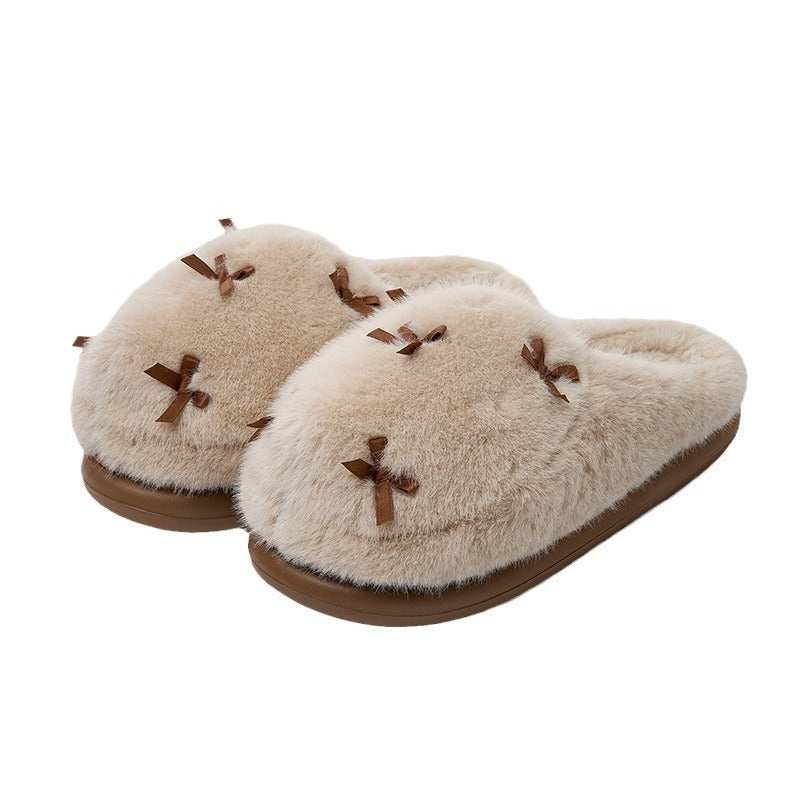 Damen Fuzzy Hausschuhe Beige mit Schleifen 6