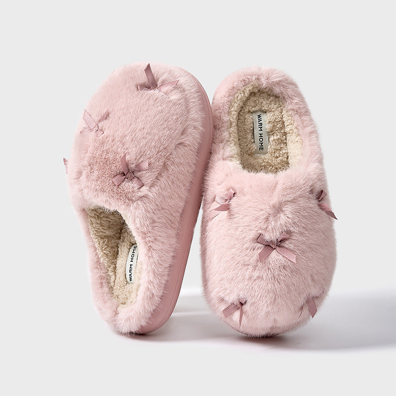 Damen Fuzzy Hausschuhe Beige mit Schleifen 8