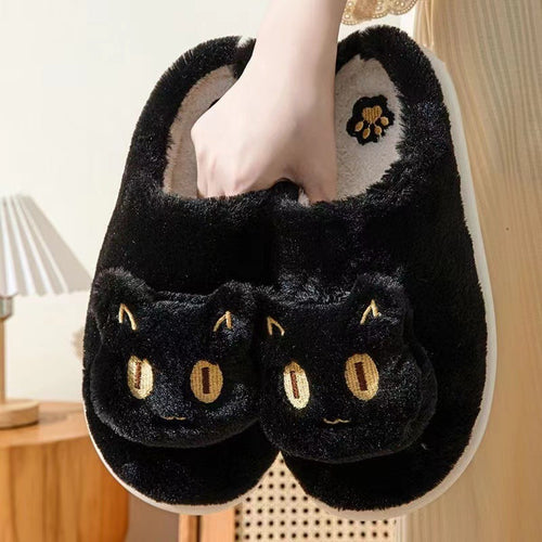Hausschuhe Katze Schwarz Plüsch