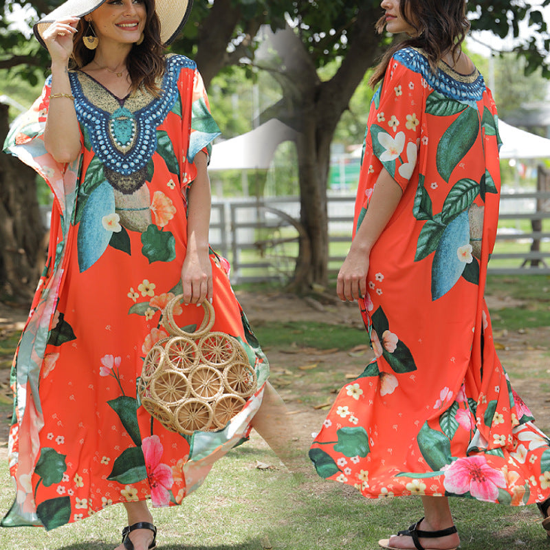Damen Kaftan in Orange mit Blumenmuster und Perlenverzierung