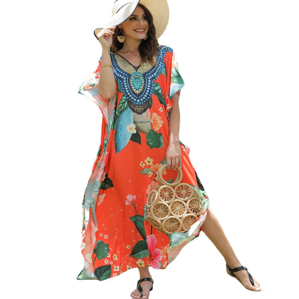 Damen Kaftan in Orange mit Blumenmuster und Perlenverzierung 5