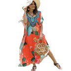 Damen Kaftan in Orange mit Blumenmuster und Perlenverzierung 5