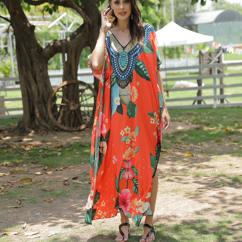 Damen Kaftan in Orange mit Blumenmuster und Perlenverzierung 6