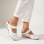 Damen Slip-On Keilsandalen mit Blumen Dekor und Hohlschnitt