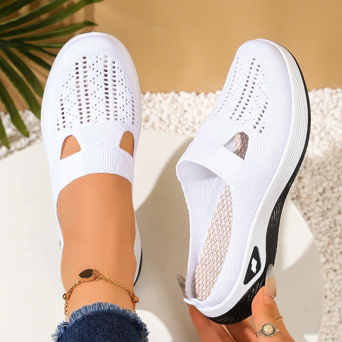 Damen Slip-On Mesh Mules Weiß 4