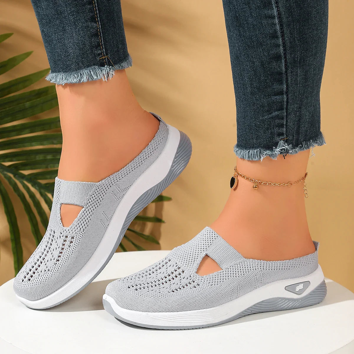 Damen Slip-On Mesh Mules Weiß 6