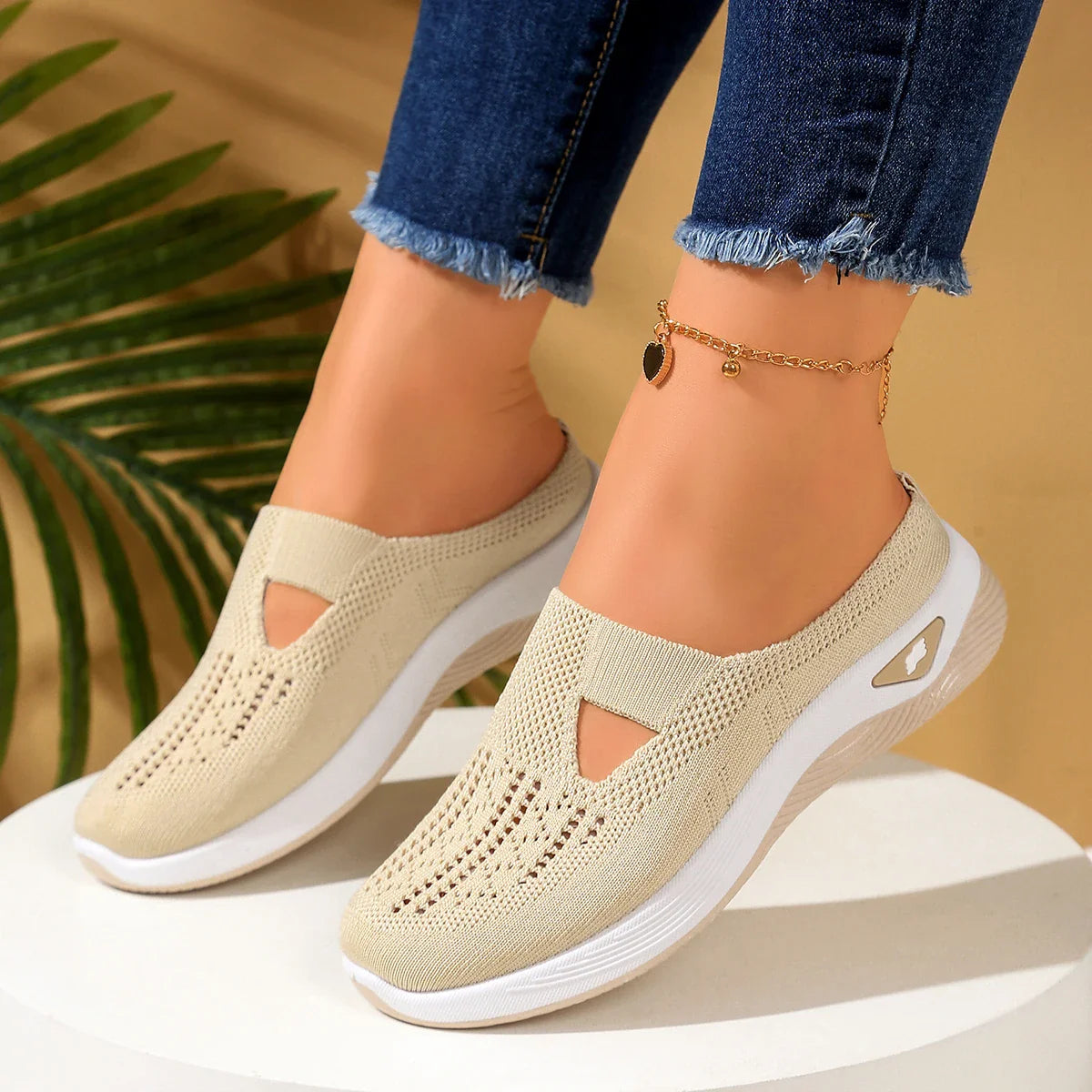 Damen Slip-On Mesh Mules Weiß 8