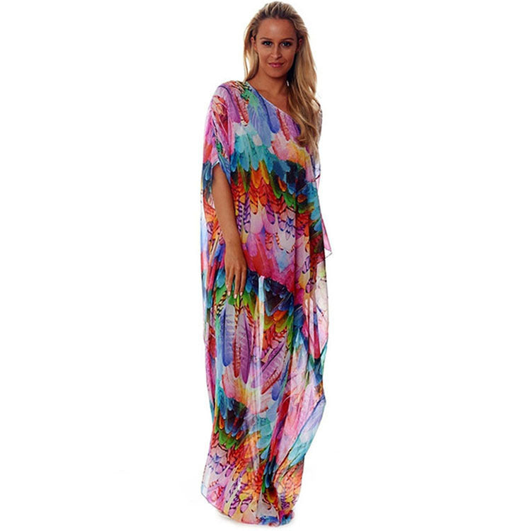 Damen Strandkaftan, Mehrfarbig, Federdesign