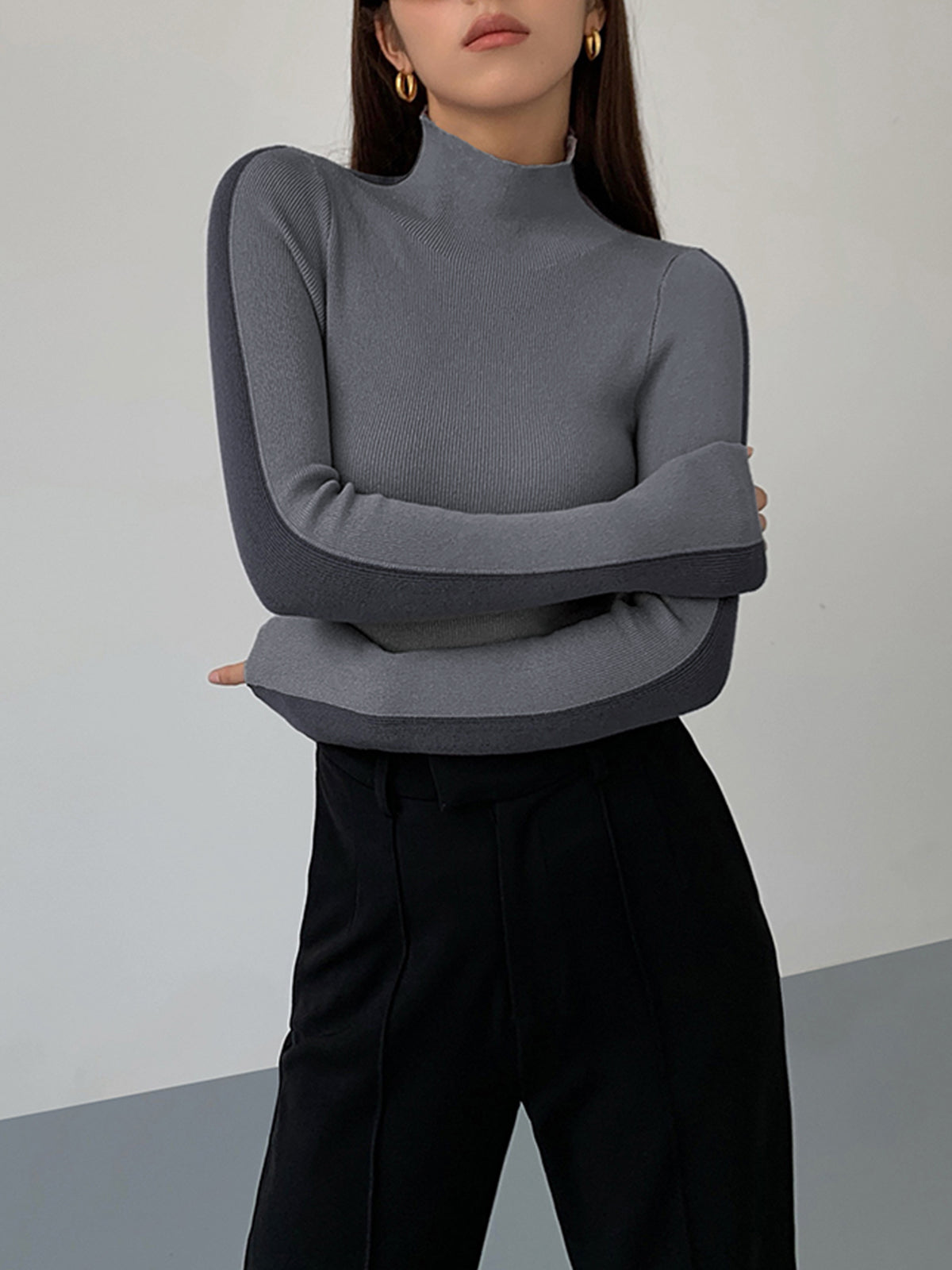 Zweifarbiger Damen-Strickpullover in Schwarz 5