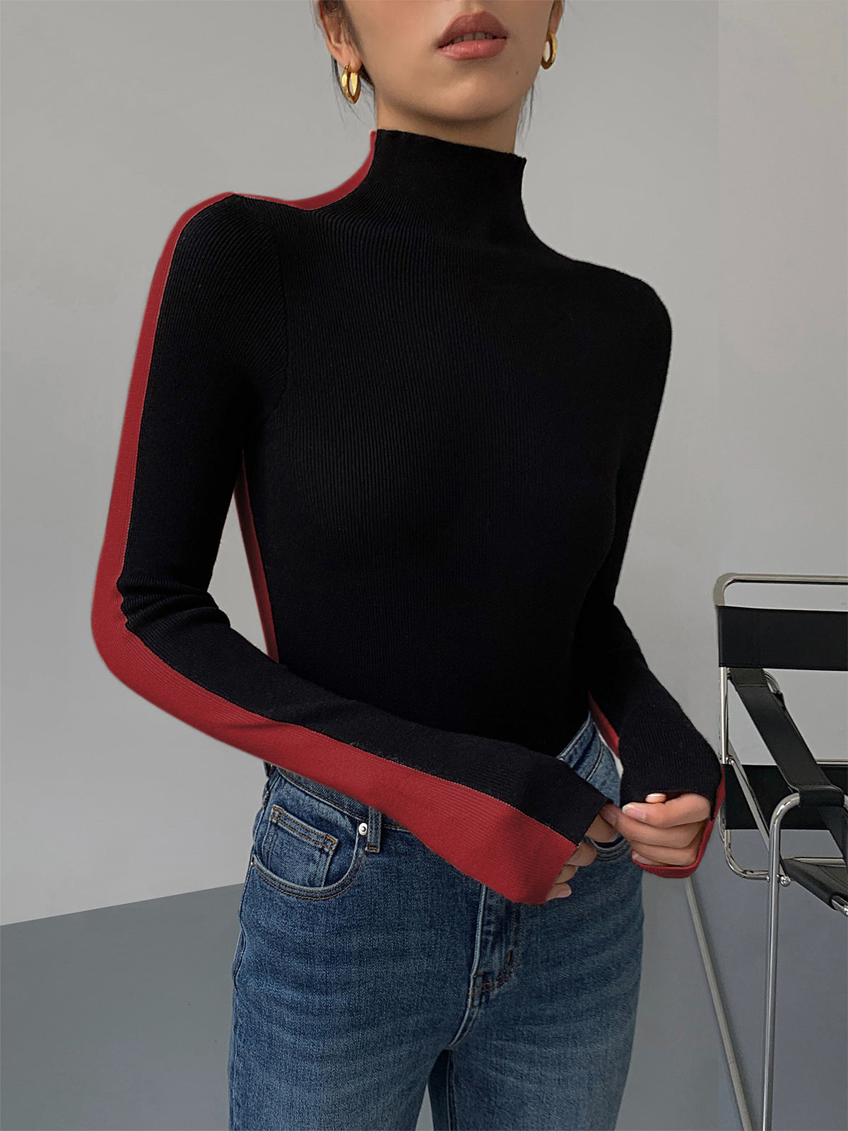 Zweifarbiger Damen-Strickpullover in Schwarz 6