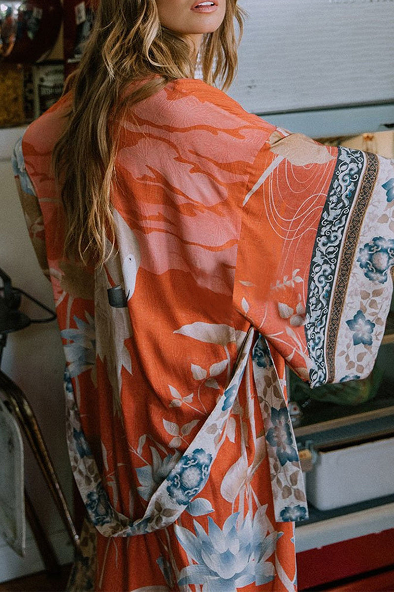 Kimono Orange mit floralem Print, ideal für Freizeit und Entspannung 2