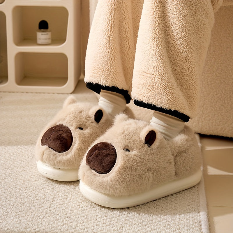 Damen Hausschuhe Beige Plüsch Capybara Design