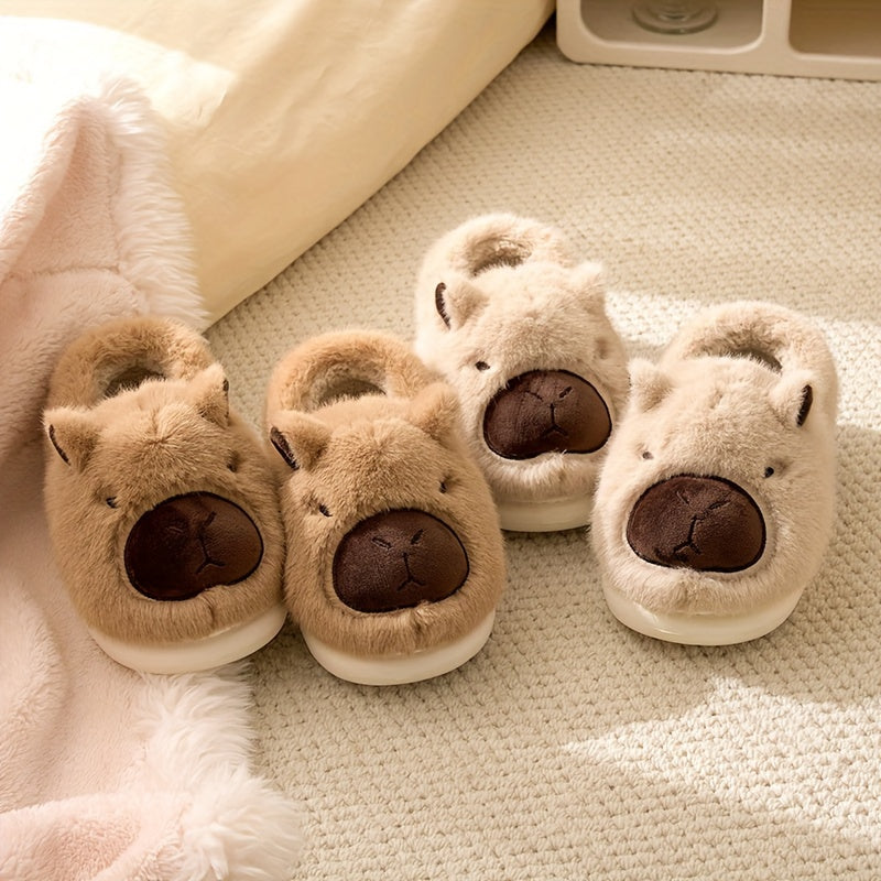Damen Hausschuhe Beige Plüsch Capybara Design 3