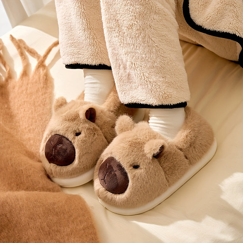 Damen Hausschuhe Beige Plüsch Capybara Design 4